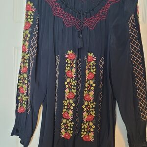 J. Jill Black Blouse with Red and Green Embroidery